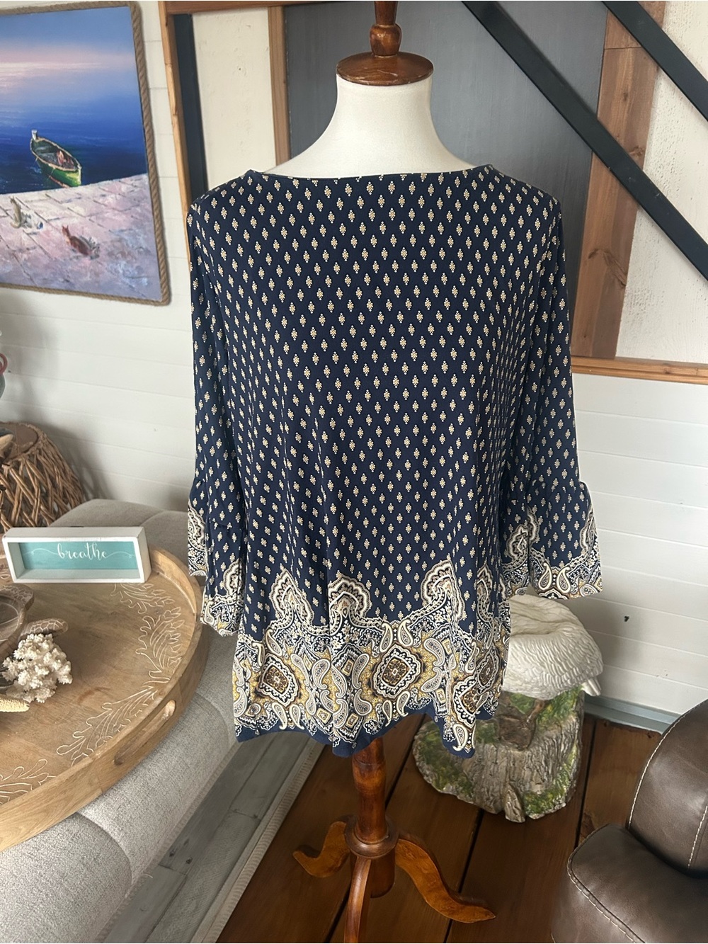 Charter Club Navy Paisley Border Tunic with Cream and Tan Accents